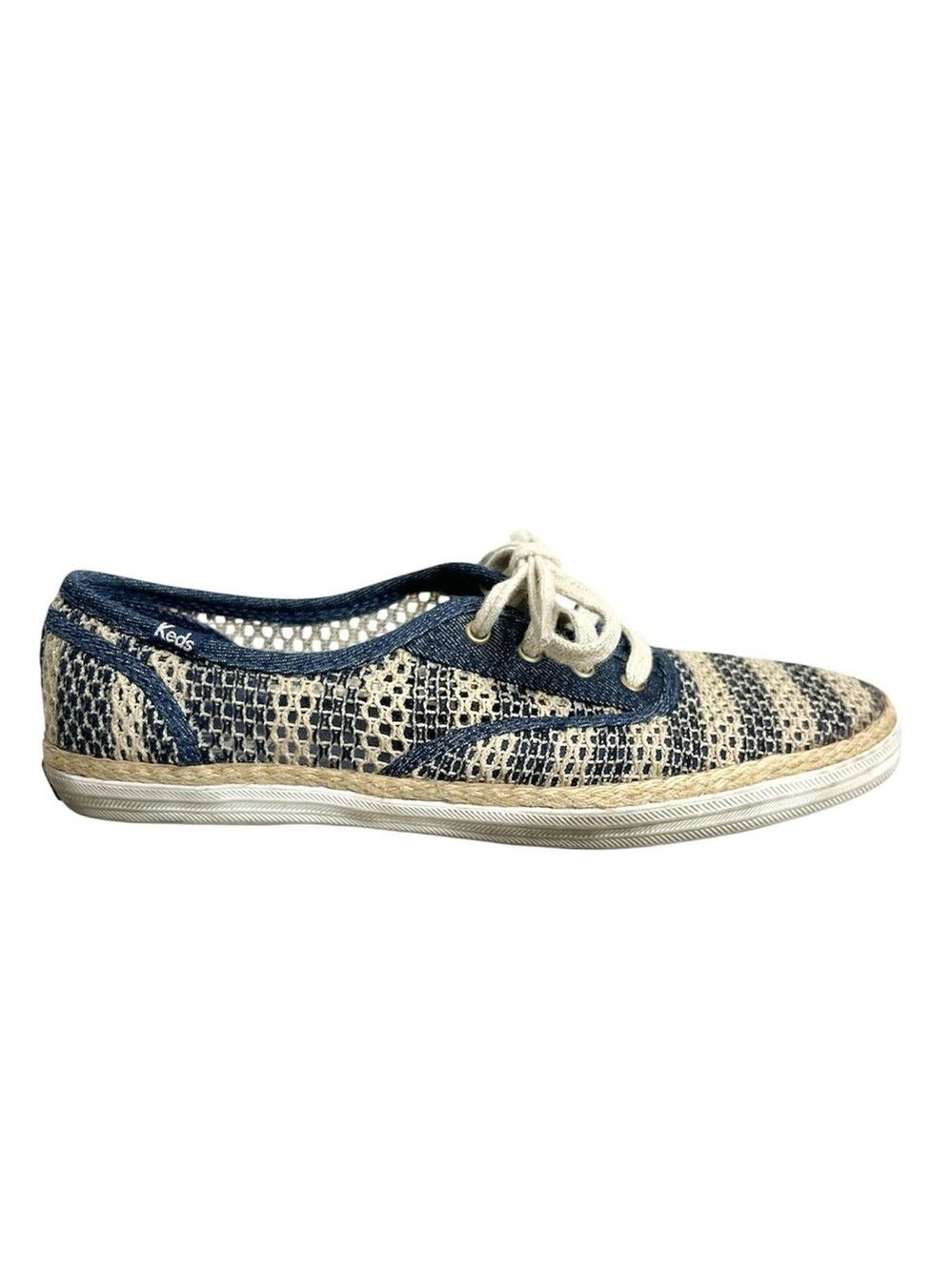 Keds Champion crochet blue beige cotton jute lace up flat sneakers 8